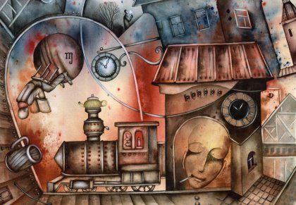 Abstract image train face and clocks