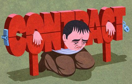 Abstract image man held in the stocks that say "contract"