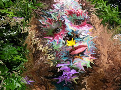 Abstract image of a distorted face with a flower in the mouth 