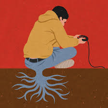 Abstract drawing boy sitting playing video game growing roots 
