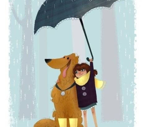 Tyttö ja koira sateenvarjon alla