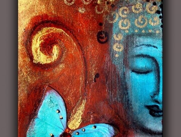 Blue-faced Buddha with butterfly and red background