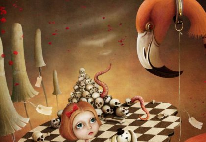 Drawing girl with flamingo on leash chess board, skulls, worms in the background