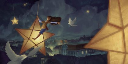 Painting of girl riding hanging star at night
