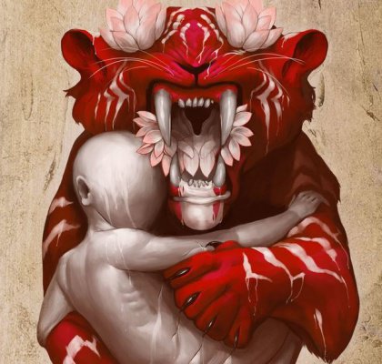 Abstract red tiger with flowers holding human form