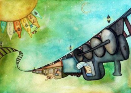 Painting of upside-down train in the sky, apartment buildings on the sun