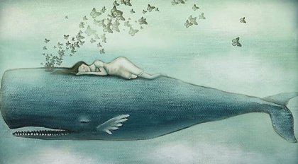 Tekening van meisje dat op de rug van een walvis slaapt