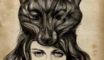 Drawing of girl with hairdo that forms a wolf's face