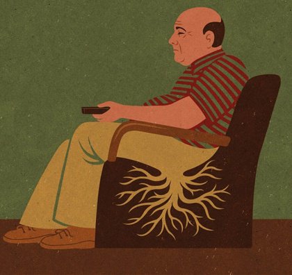 Abstract drawing man sitting in chair growing roots 