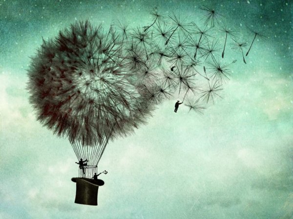 Hot air balloon as a dandelion blowing away with a man blowing away too 