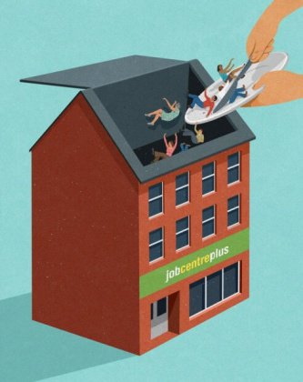 Abstract image people being dumped into a job center