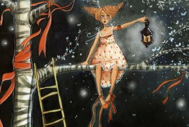 drawing of girl in tree