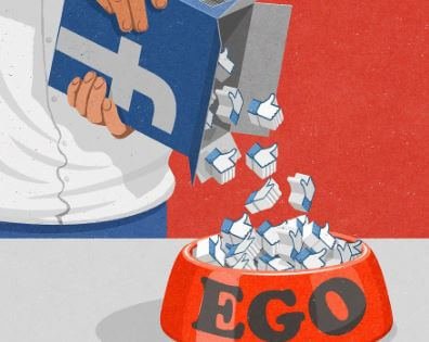 Abstract image person dumping "like" symbols into a bowl labeled "Ego"