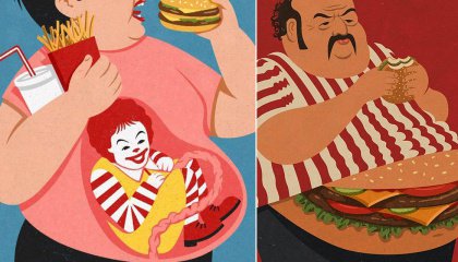 Two images abstract drawings of people eating burgers 