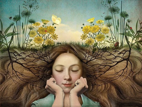Picture of girl with roots growing our of her hair to make a garden