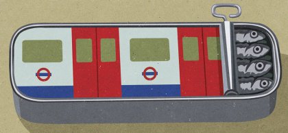 Abstract image can of sardines painted like subway cars