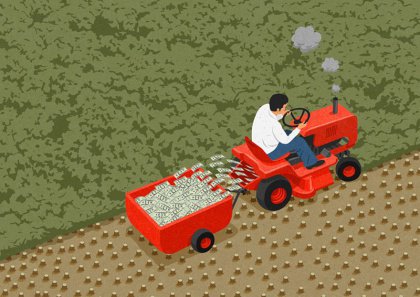 Abstract image man driving tractor harvesting money