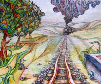Abstract painting train coming through the hills 