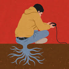 Abstract drawing boy sitting playing video game growing roots