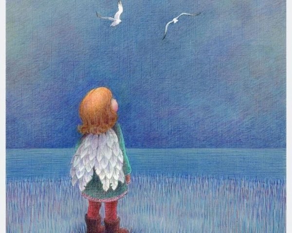 girl with wings looking at birds
