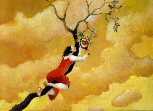 Drawing of a woman in a red dress on a tree branch