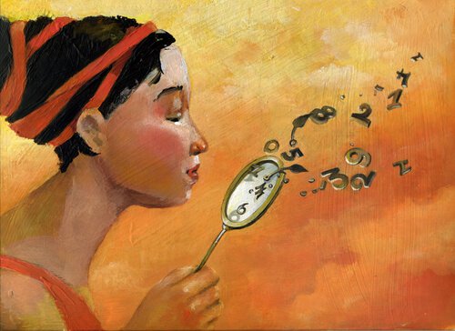 girl blowing numbers off a clock intuition 