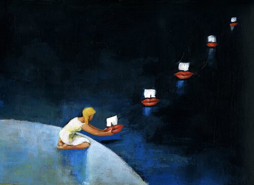 girl with little toy sailboats in water intuition 