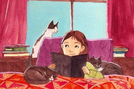 girl reading with cats