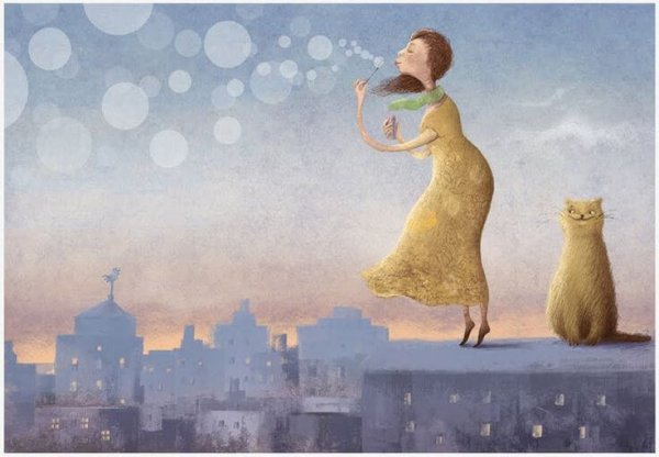 Woman Blowing Bubbles Beside Cat