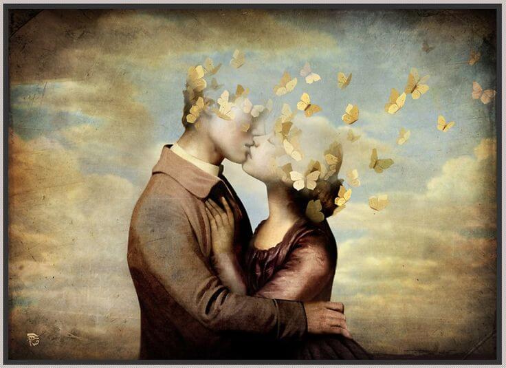couple kissing butterflies