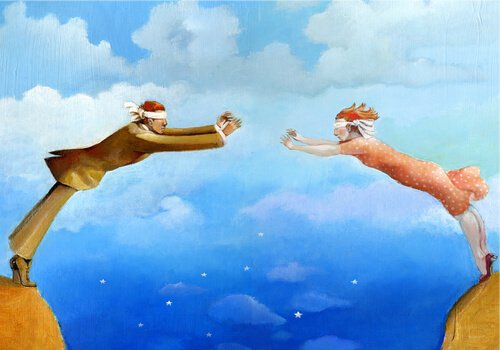 blindfolded couple reaching for each other fall in love