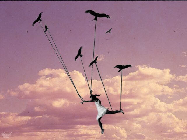 girl held up by birds