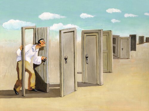 man opening many doors