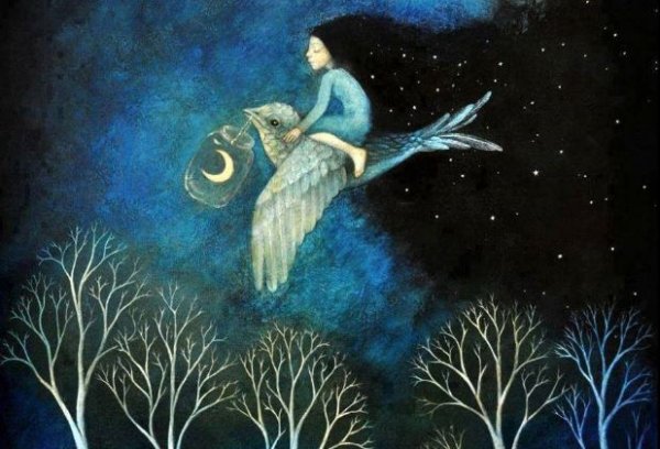 girl riding bird at night good-bye