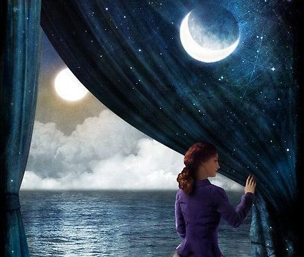woman pulling back night sky curtain letting go 