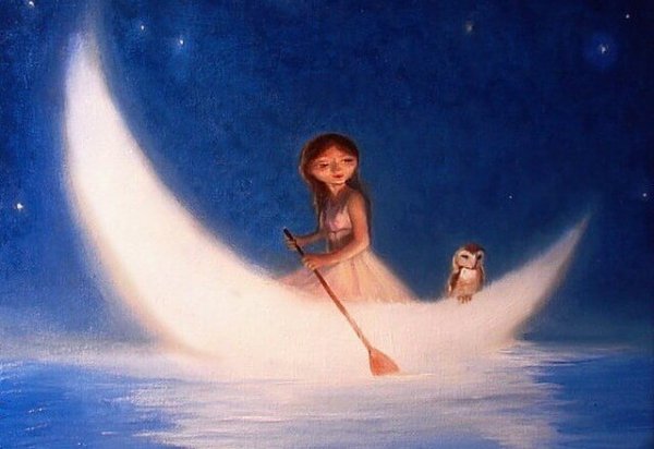 girl and owl in moon boat give 