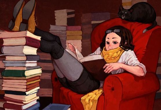 Girl reading with stacks of books 