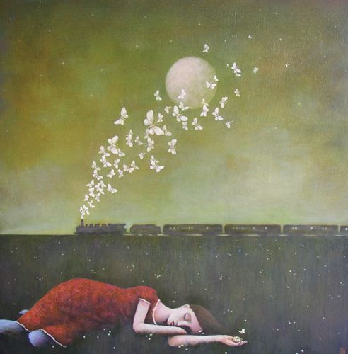 train shooting out butteflies