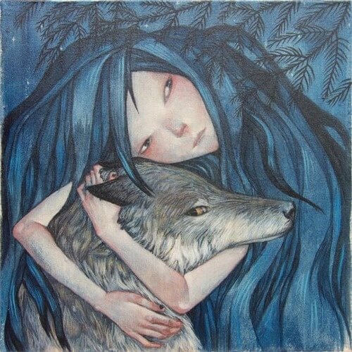 Woman Hugging Wolf