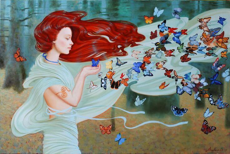 Woman with Many Butterflies