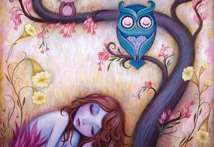 Girl Sleeping Under Owl in Tree