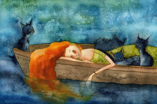 girl in boat with cats patience
