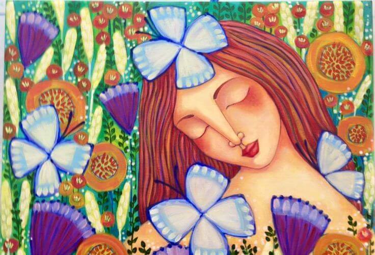 girl with flowers and butterflies brighten