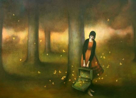 girl with butterflies in forest interest