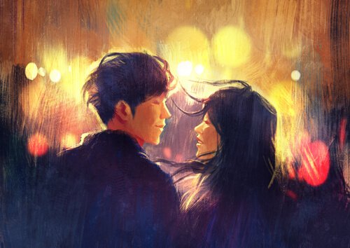 couple looking into each others eyes city