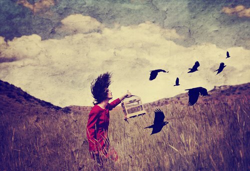 girl in field with crows people