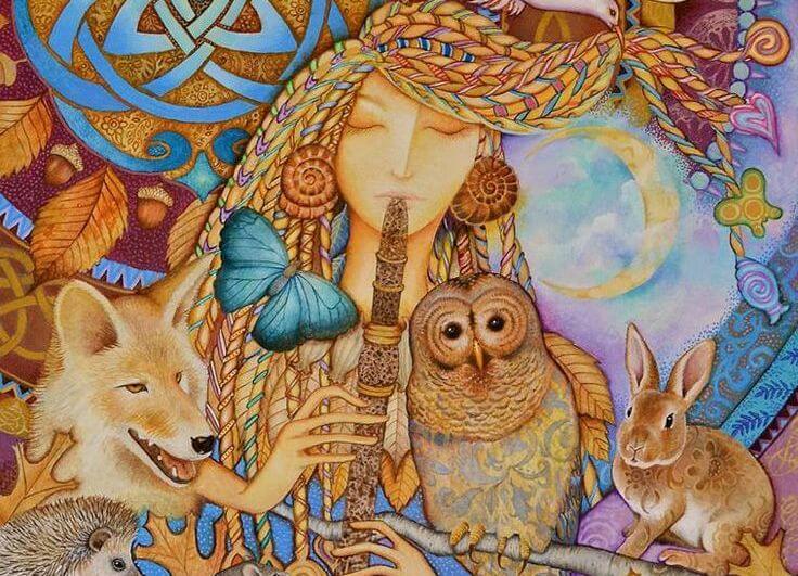 woman with flute and animals family