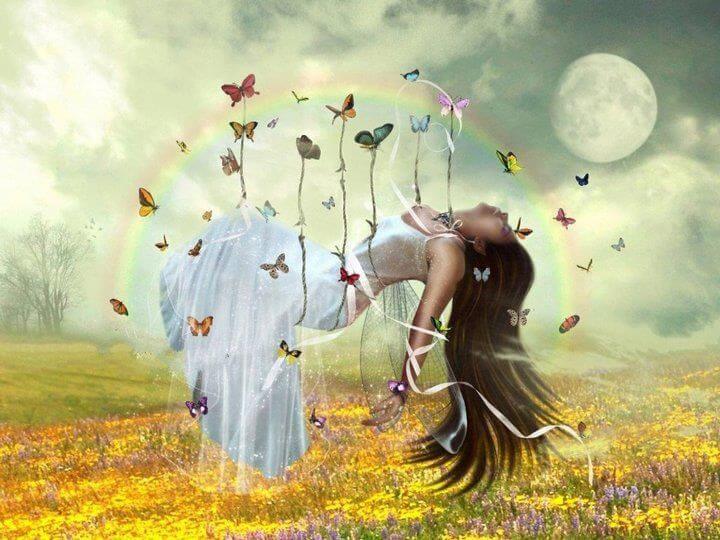 girl held up by butterflies