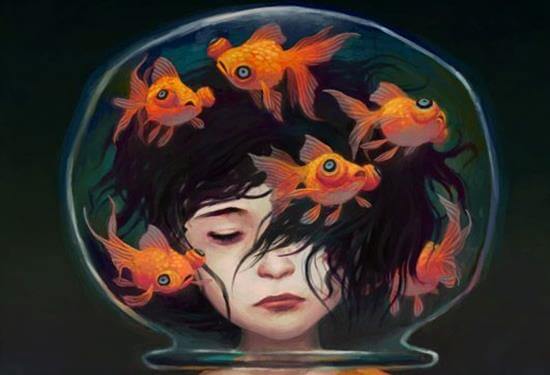 girl with head in goldfish bowl wasting