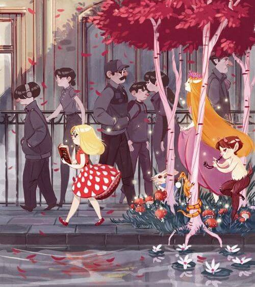 Girl Walking and Reading